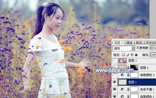 Photoshop为花丛中的美女加上秋季澄黄紫色
