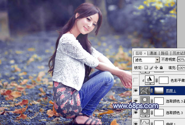 Photoshop将外景美女图片打造出甜美的深秋暗蓝色效果