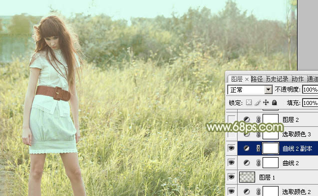 Photoshop将草地人物图片增加淡美清新的青黄色