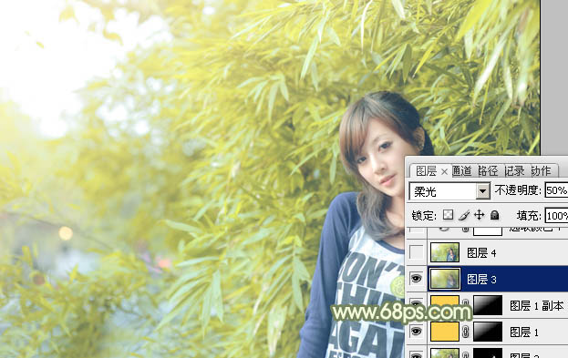 Photoshop为竹林边的美女加上甜美的淡调黄绿色