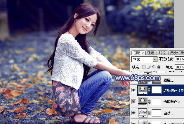 Photoshop将外景美女图片打造出甜美的深秋暗蓝色效果