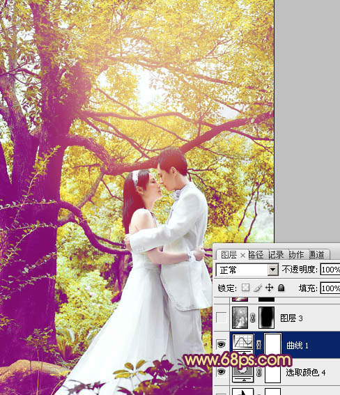 Photoshop将树林婚片增加上柔美的黄紫色效果