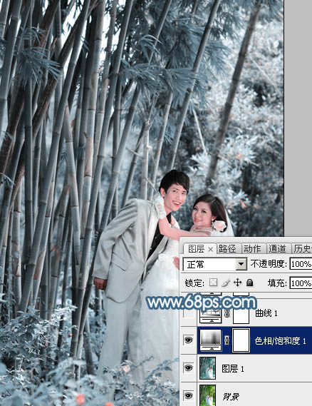 Photoshop为竹林婚片调制出梦幻复古的淡调青蓝色