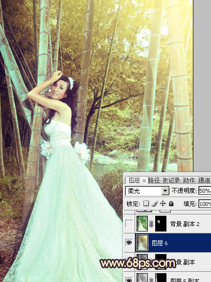 Photoshop将竹林婚片打造出柔和的黄褐色效果