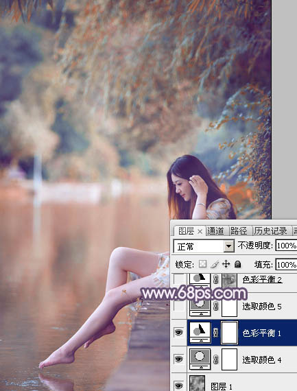 Photoshop将湖景美女图片打造出冷暖对比的冷调蓝紫色