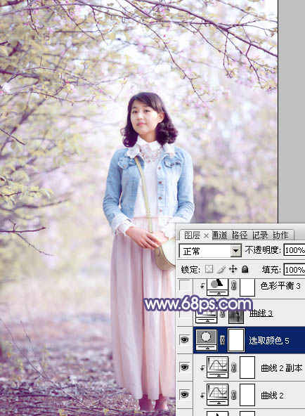 Photoshop为春季花木下的美女加上梦幻的粉紫色