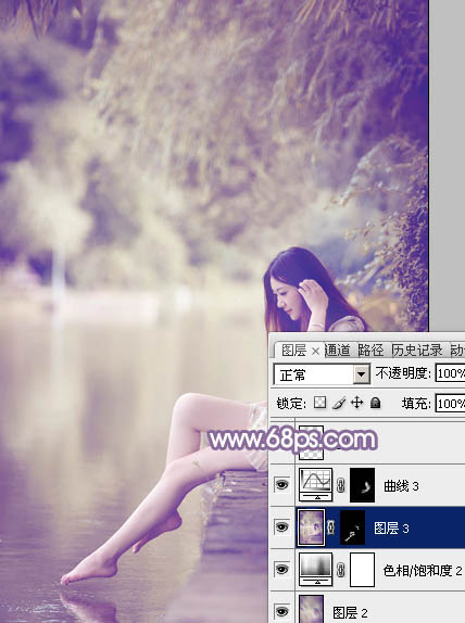 Photoshop将水塘边的美女加上漂亮的淡调黄紫色