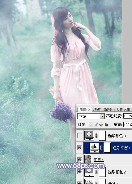 Photoshop给树林中的美女加上梦幻的青蓝色