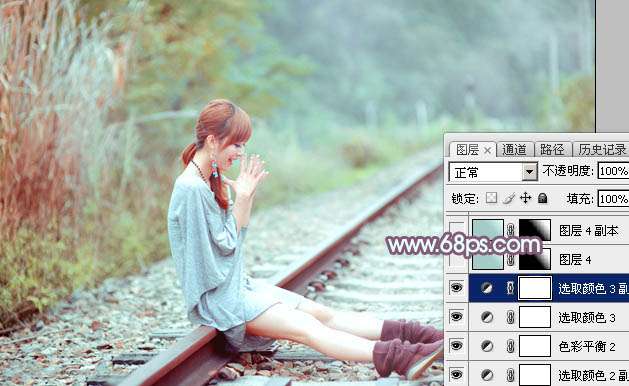 Photoshop给铁轨上的美女加上甜美的韩系青蓝色