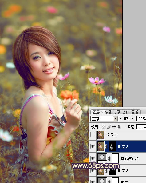 Photosho将花景美女图片调出流行的淡暖色效果