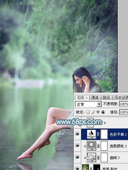 Photoshop将水边的美女调制出淡淡的青绿蜜糖色