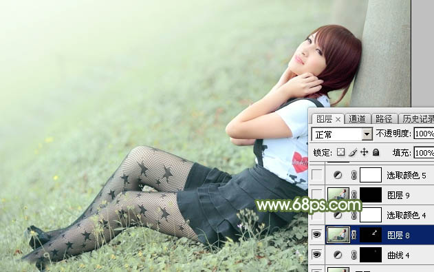 Photoshop给夏季草地上的美女加上唯美的韩系淡绿色