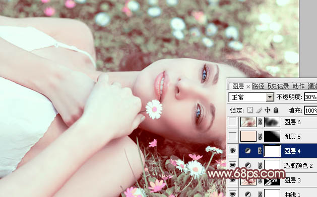 Photoshop将草地美女图片调制出流行的欧美粉褐色效果
