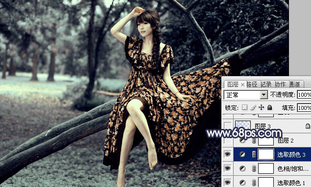 Photoshop为树林美女图片调制出暗调青蓝色效果