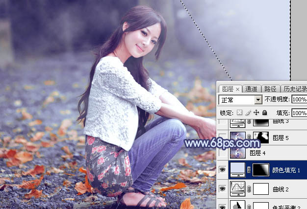 Photoshop将外景美女图片打造出甜美的深秋暗蓝色效果