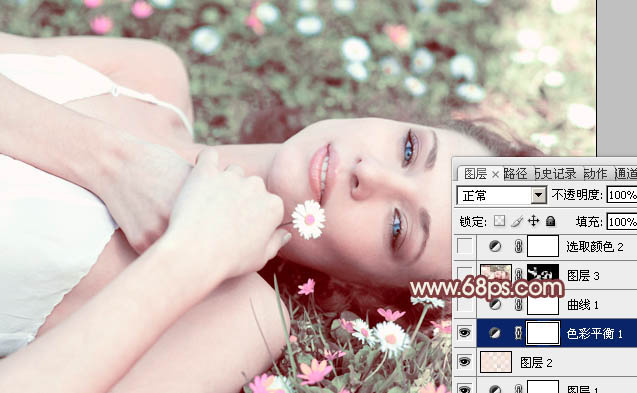 Photoshop将草地美女图片调制出流行的欧美粉褐色效果