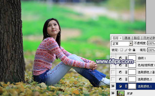 Photoshop打造甜美的青红色秋季外景美女图片