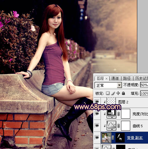 Photoshop为景区美女更换衣服颜色增加昏暗的高对比晨曦色