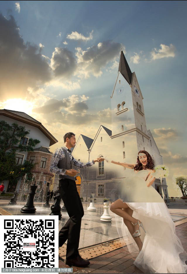 Photoshop为天空泛白的建筑婚片增加霞光效果