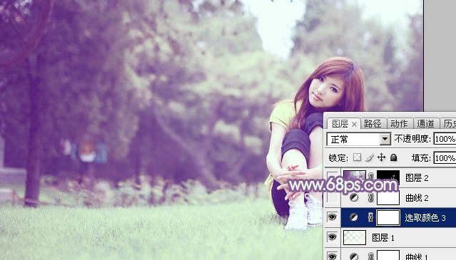 Photoshop将树林旁边草地上的美女图片增加柔和的绿紫色