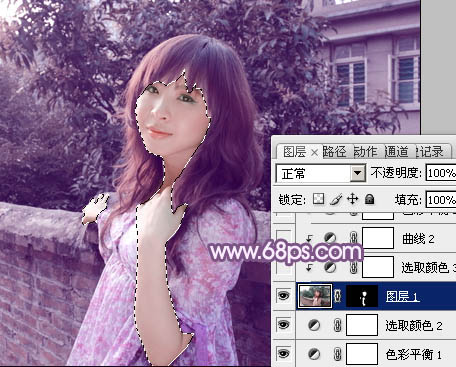 photoshop将靠在围墙边的美女图片调制出甜美的暗紫色
