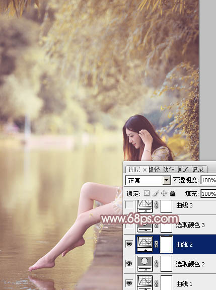 Photoshop将河塘边的美女加上唯美的红褐色