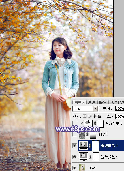 Photoshop将春季花木边的人物调制出清爽鲜艳的秋季色