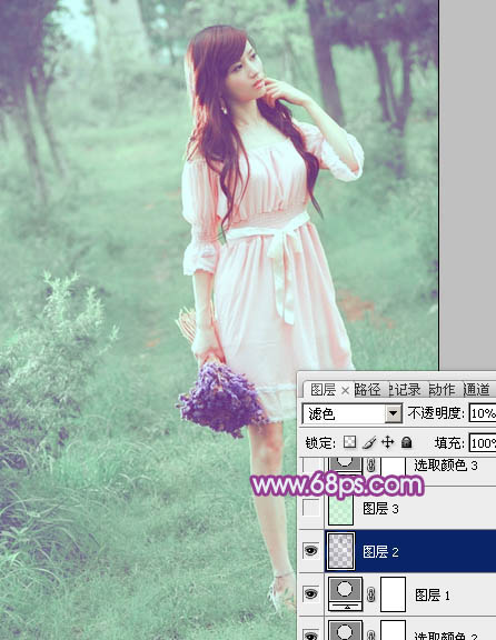 Photoshop将树林美女图片调制出柔美的淡调青绿色