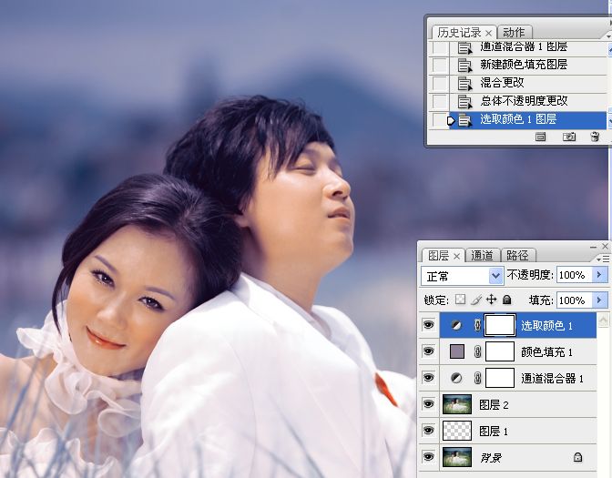 Photoshop将草丛中的婚片打造出浪漫的暗调蓝紫色效果