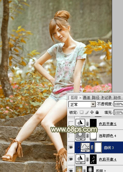 Photoshop为石阶上的美女加上柔和的红褐色