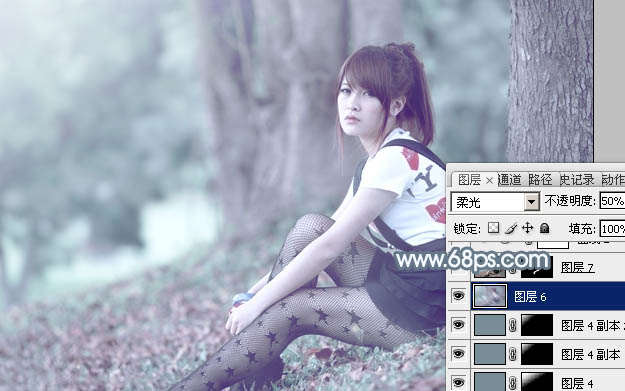 Photoshop为树林静坐的美女调制唯美的淡青色