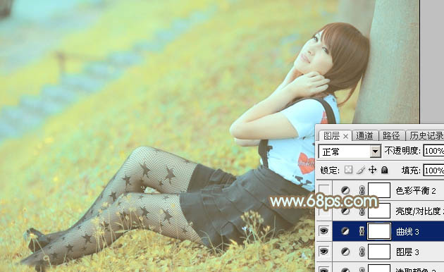 Photoshop将草地美女图片打造柔美的韩系粉黄色