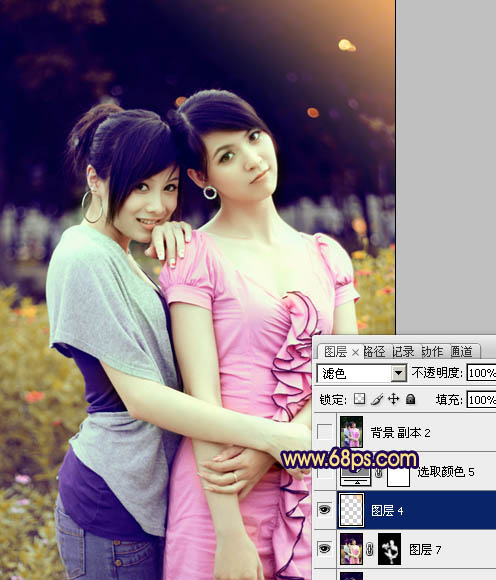 Photoshop将外景美女图片调成柔和的暗调黄紫色