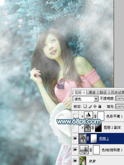 Photoshop为树林美女图片调制出唯美的淡蓝色云彩效果