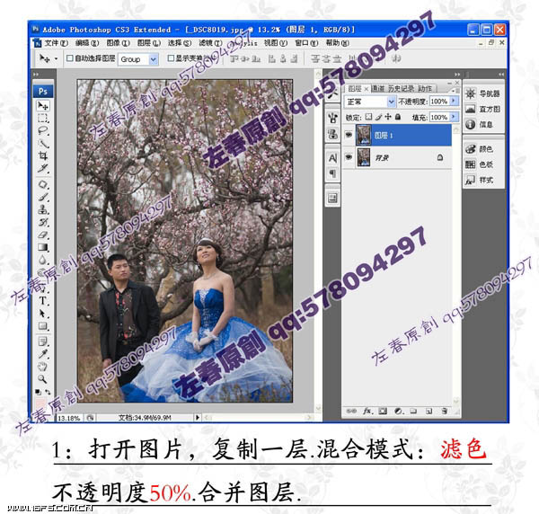 Photoshop将阴沉的桃林婚片调制成阳光色彩效果