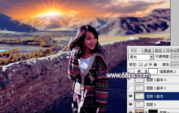 Photoshop将高原山区人物图片调至出灿烂的霞光色