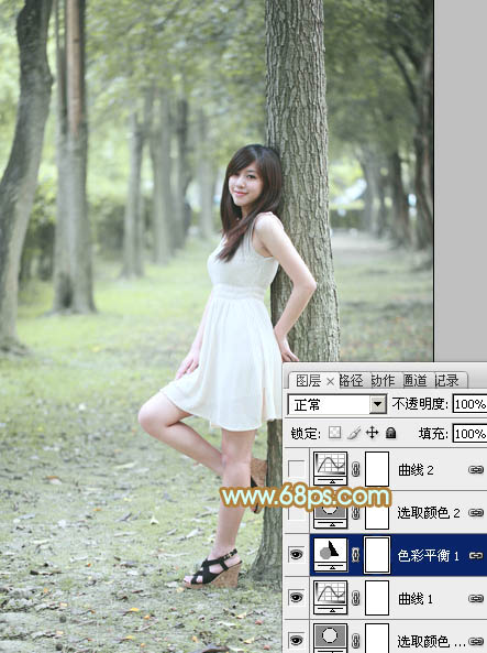 Photoshop将树林美女图片调制出柔和淡雅的黄绿色