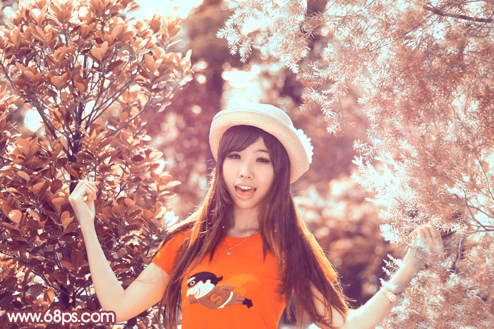 Photoshop为树林中人物图片增加鲜丽的橙褐色