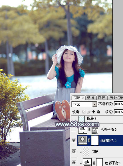 Photoshop给公园长凳上的美女调制出秋季蓝黄色