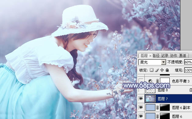 Photoshop将花草中的美女增加上冷艳的淡调青蓝色