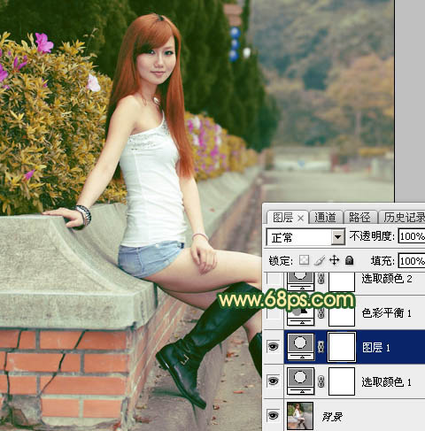 Photoshop将花坛边的美女加上秋季晨曦色