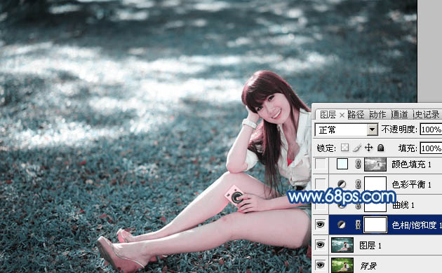 photoshop利用通道替换打造唯美的青蓝色草地美女图片