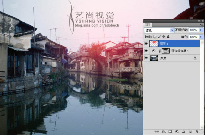 Photoshop将水乡照片调制出水墨感效果