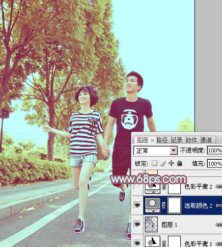 Photoshop为马路上奔跑的情侣图片调制出清爽的青黄色