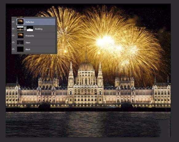 Photoshop中给建筑图片添加真实的烟花效果教程
