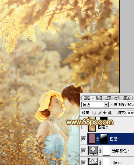 Photoshop将树林情侣图片增加上柔和秋季粉黄色
