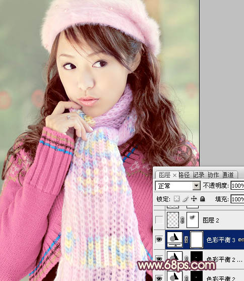 Photoshop将冬季美女图片加上淡紫蜜糖色效果