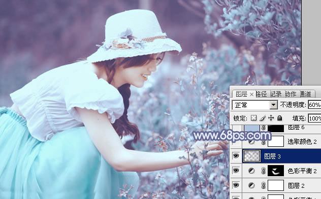 Photoshop将花草中的美女增加上冷艳的淡调青蓝色