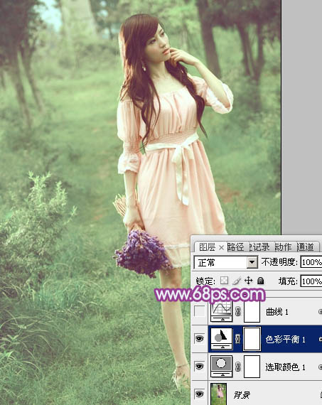 Photoshop将树林美女图片调制出柔美的淡调青绿色