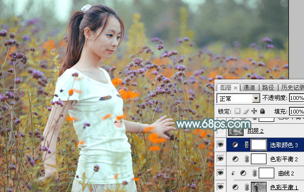 Photoshop将花海中的美女调制出甜美的秋季淡黄色